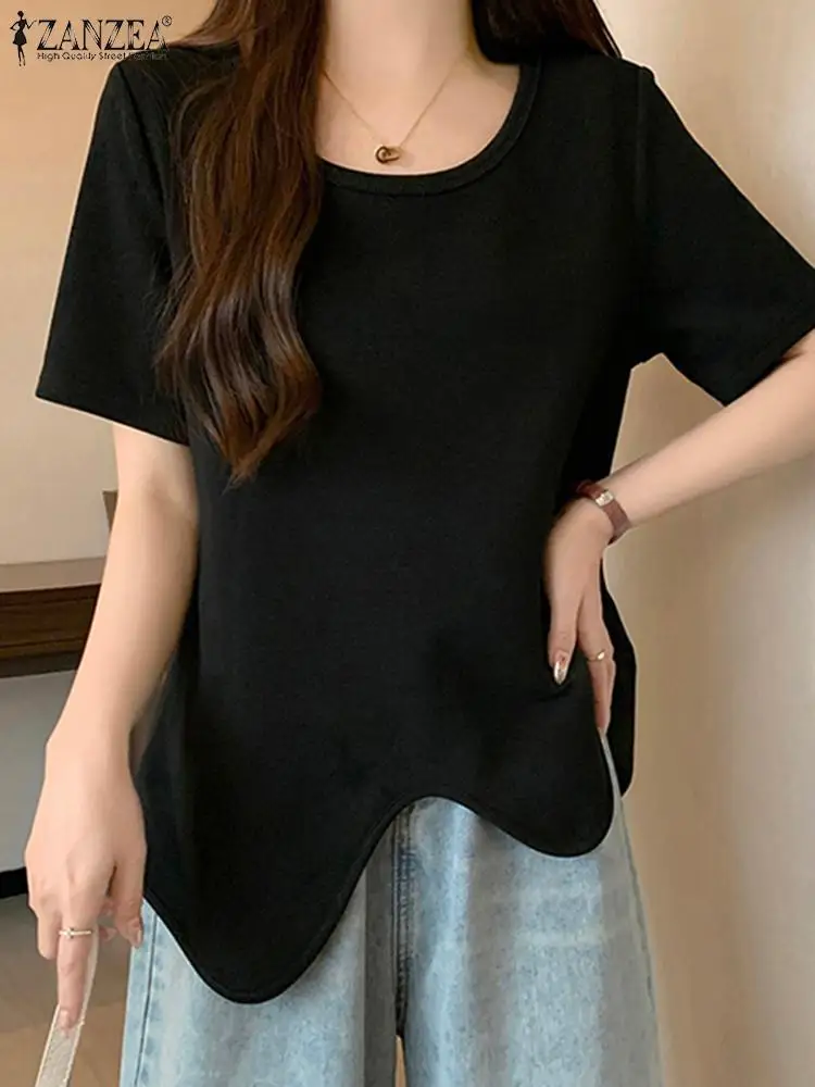 ZANZEA Casual Loose Irregular Hem Blusas Mujer Korean Fashion Women O Neck Short Sleeve Blouses Summer Solid Color T-shirts