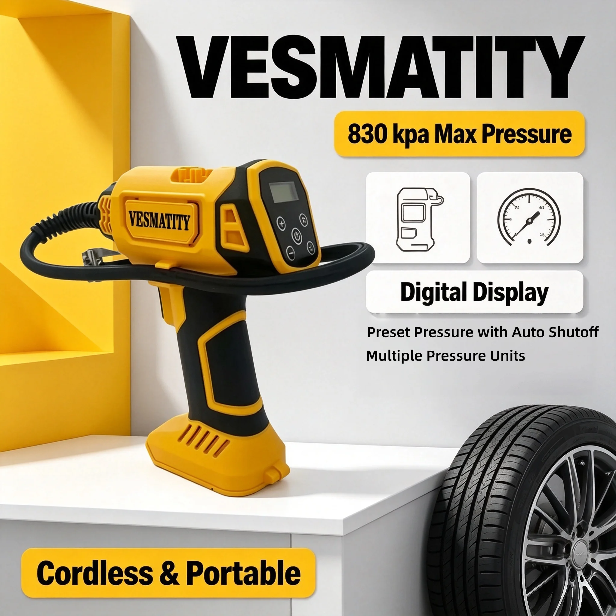 Vesmatity Portable Car Tire Inflator Cordless 830kpa Digital Display LED Light 20V Professional Heavy Duty 20V Battery Max