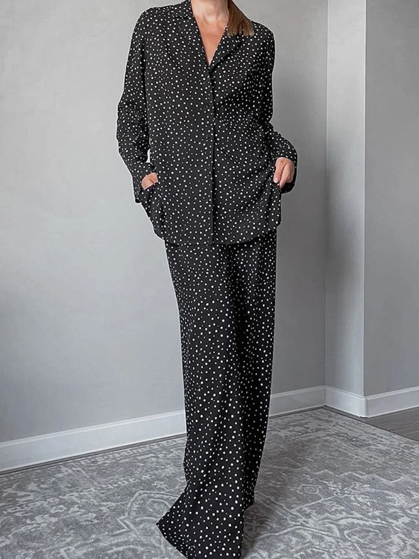 Marthaqiqi Polka Dots Ladies Sleepwear Set Long Sleeve Nightgowns Turn-Down Collar Nightwear Pants Fashion Female Nightwear Suit