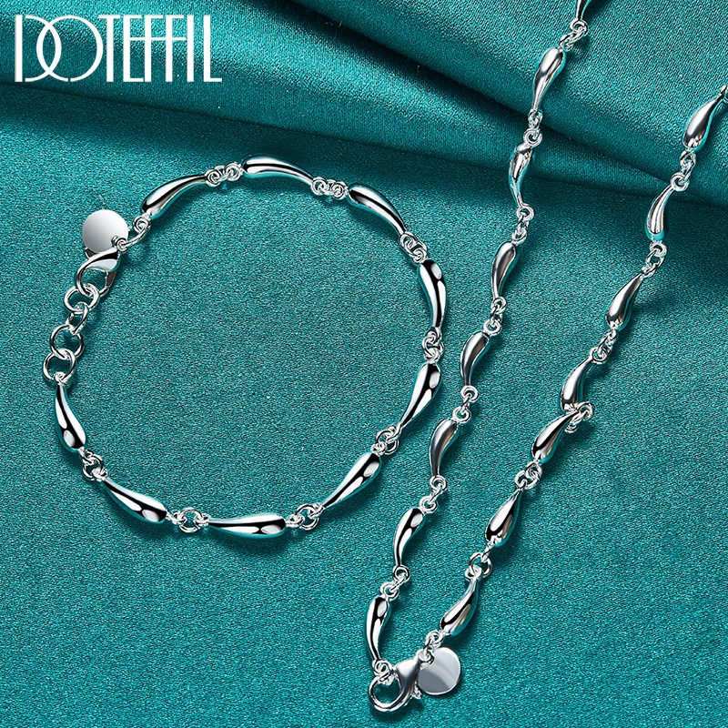 

DOTEFFIL 2pcs 925 Sterling Silver Water Droplets Chian Necklace Bracelet Set For Woman Wedding Engagement Fashion Jewelry