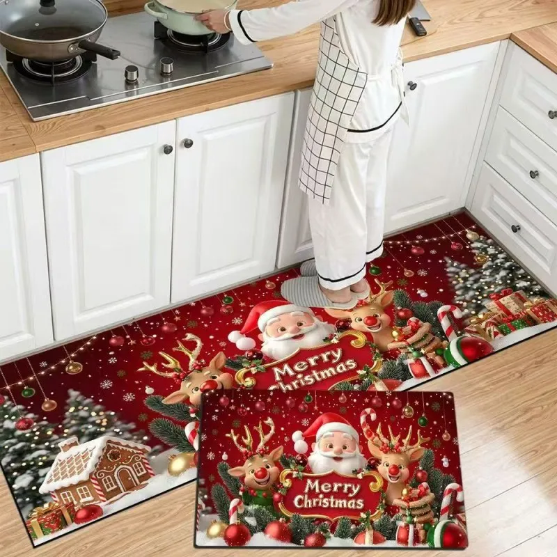 VIKAMA 1/2pcs Red Plush Cartoon Tree Feliz Navidad Kitchen Rug Durable Machine Washable Kitchen Sink High Traffic Home Decor