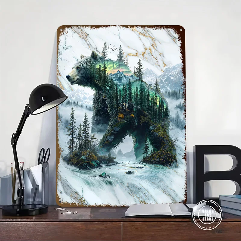 Misty Mountain Bear 3D Texture Metal Poster Customized Wall Art Tin Sign Gift for Mancave Room Decoration Gaming Bar Accessories