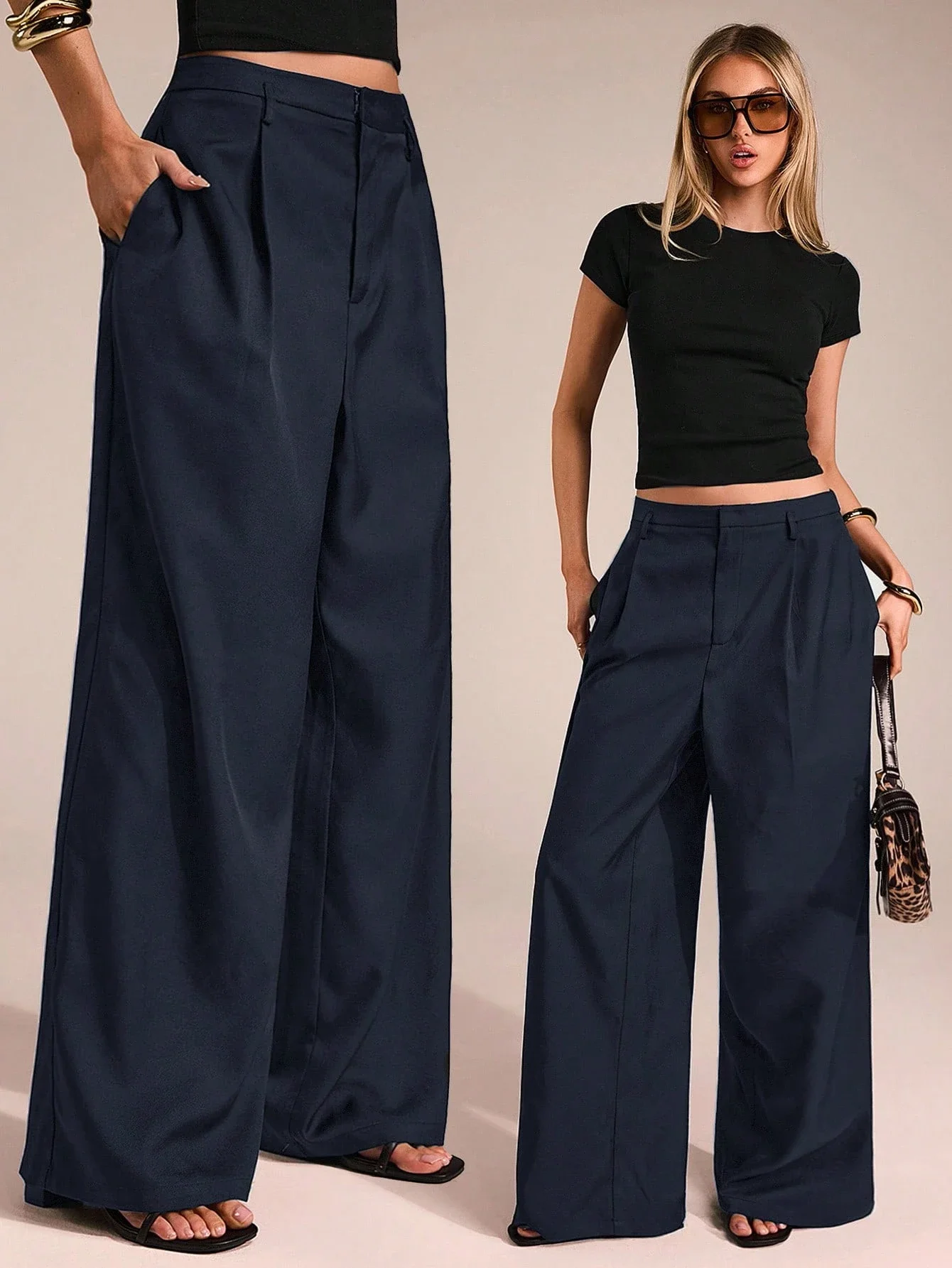 

Женские широкие брюки для офиса, повседневные, темно-синие, полной длины, свободного кроя