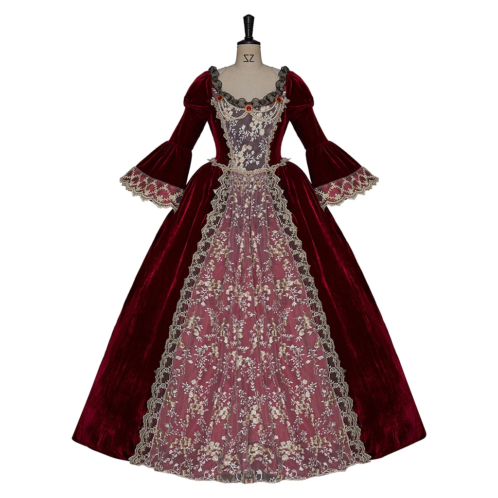 Burgundy Victorian Gothic Wedding Dresses Civil War Southern Belle Halloween Rococo Red Velvet Court Gown Medieval Retro Dress