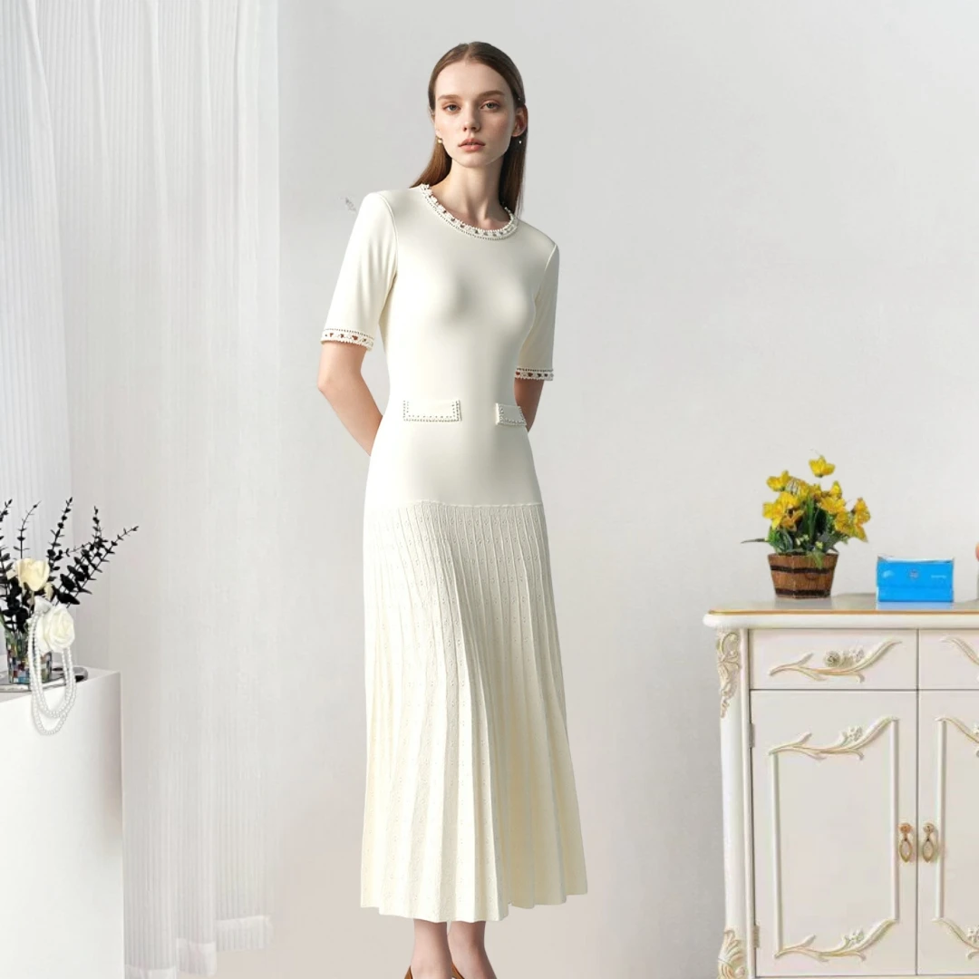 Luxe kralen gebreide lange jurk damesmode O-hals korte mouwen effen bodycon jurken vrouwelijke wit zwarte gewaden
