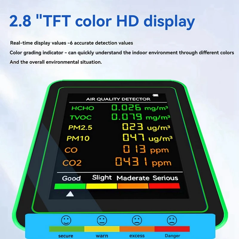 Detector de calidad del aire Detector 6 en 1 HCHO TVOC CO2 CO PM10 PM2.5 Medidor de gases Detección inteligente