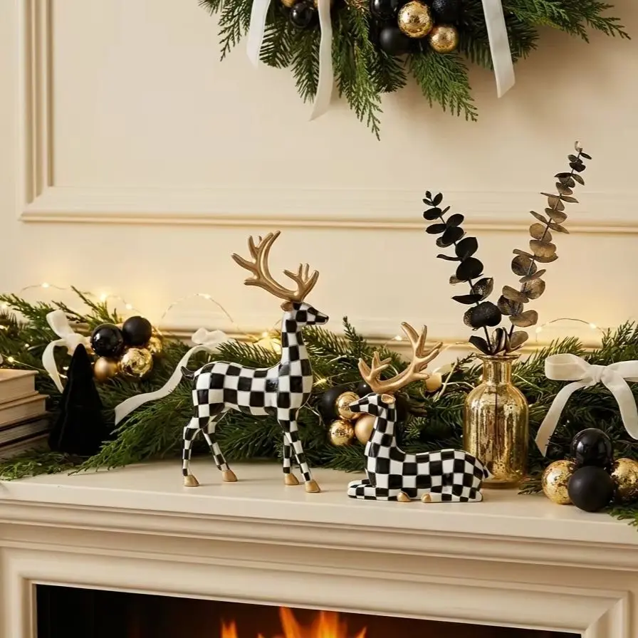 Black-and-White Checkered Deer Sculpture Christmas Home Decor, Fireplace or Living Room Table Ornament, Holiday Gift