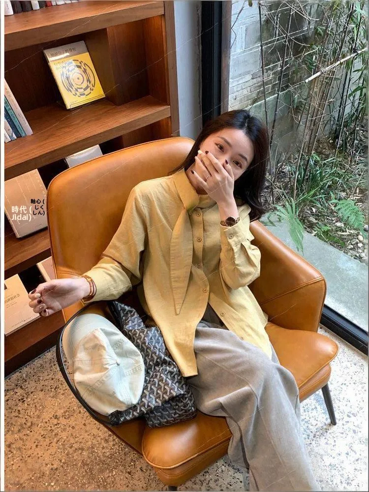 

Элегантная женская рубашка-блузка с завязками, свободного кроя, в нежном стиле, весна-осень, новинка, стройнящая, премиум-класса, укороченная