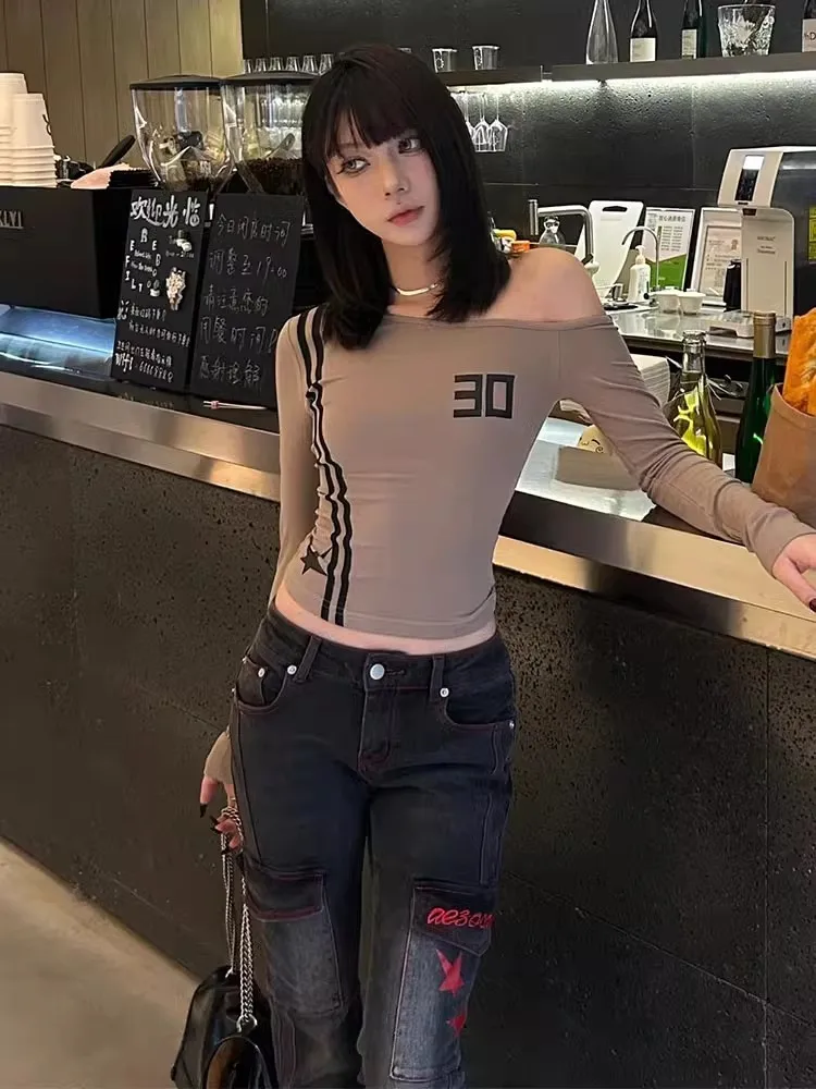 Tawaaiw Hotsweet Graphic T Shirts Women Clothes Long Sleeve Print Off Shoulder 2000s Clothes Y2k Tees Female Clothing Tshirt