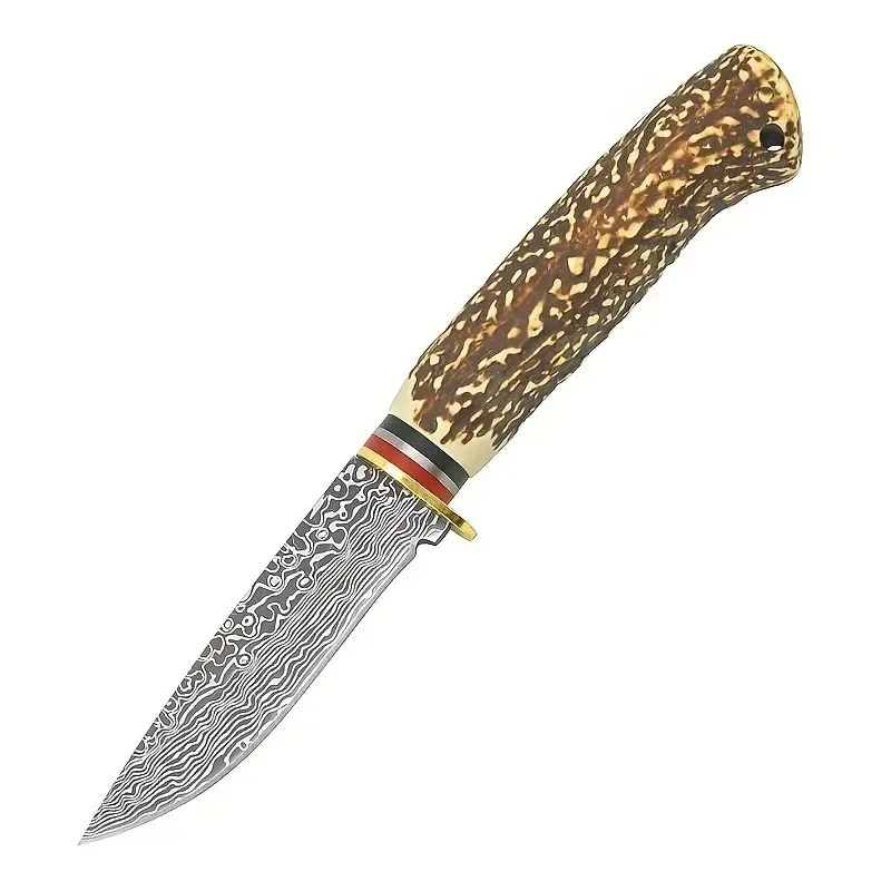 Outdoor Damascus Pattern Knife Sharp Stainless Steel Small Knife for Meat Cutting High Hardness with Bone-Imitation Handle