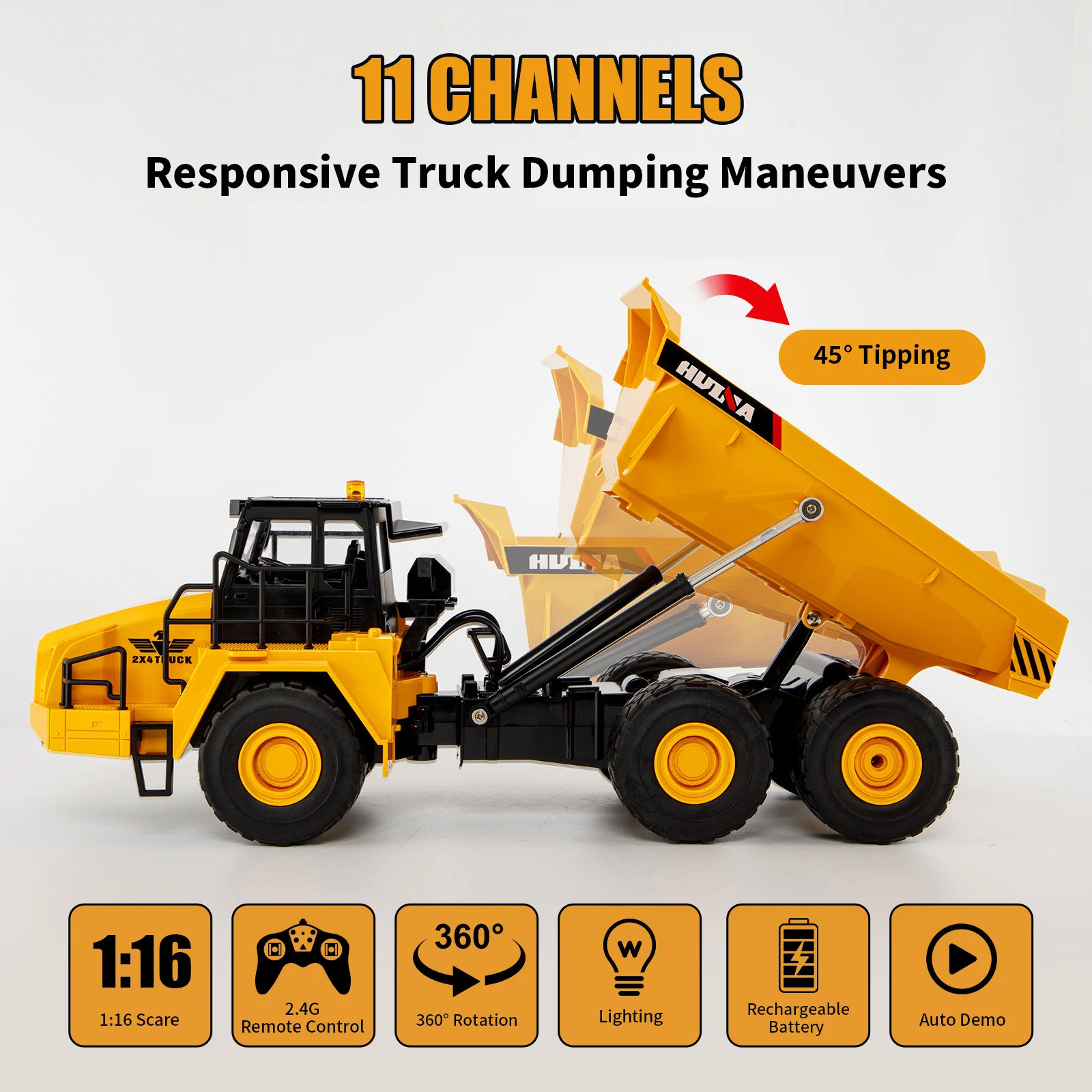 HUINA 1553 1:16 RC Dump Truck 11CH 2.4G Remote Control Articulated Construction Vehicle Alloy Engineering Toy Car for Boys Gift
