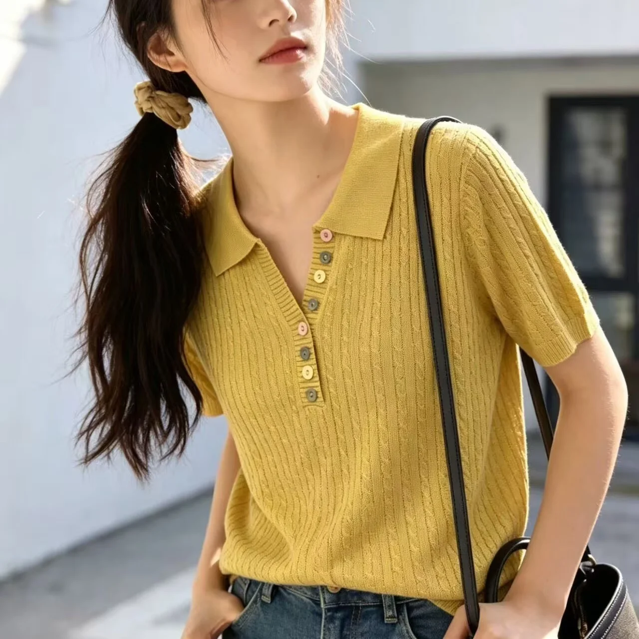 New Summer Short Sleeve Knitted Sweater Women Pullovers Turn Down Collar Knit Sweater Pullover Women Tops Women Clothing Q4853
