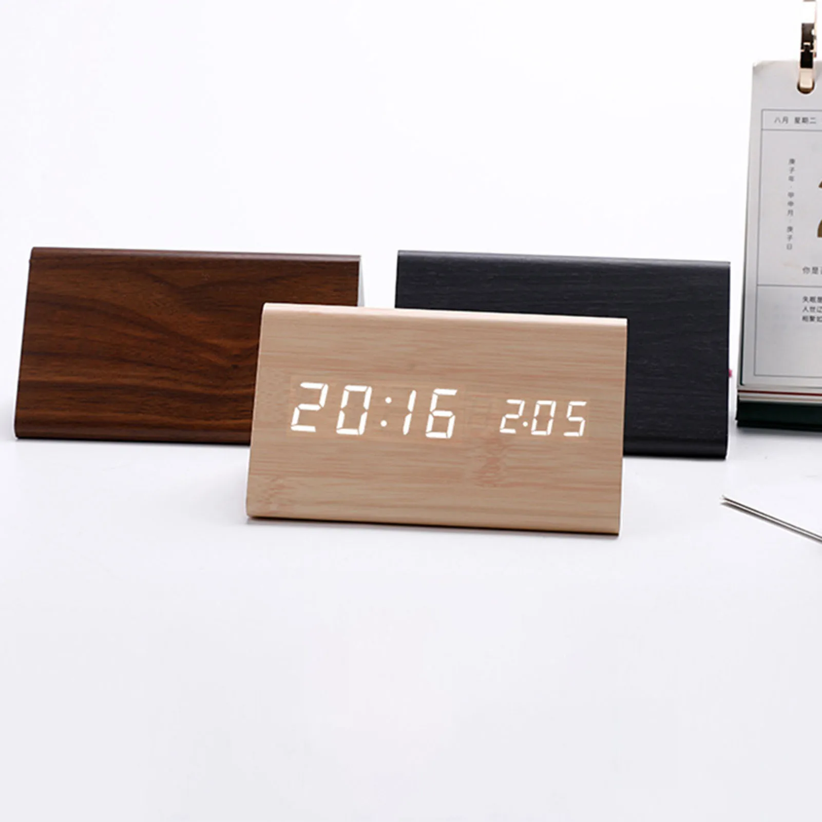1pc Digital Alarm Clock Wooden Material for Bedroom Bedside Table Modern Triangle LED Clock with Temperature Display