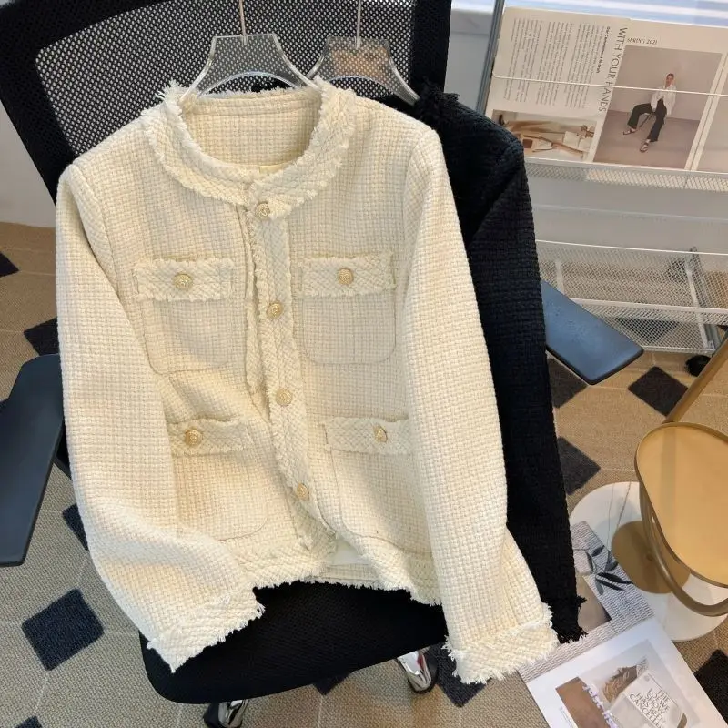 

Chic Casual Woolen Jackets Women's Short Outwear 2025 Spring Autumn Vintage Loose Long-sleeved Tweed Jacket Tops
