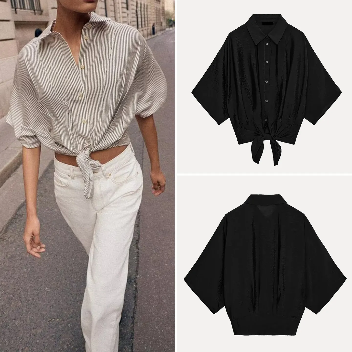 

Модная женская рубашка с коротким рукавом, отложным воротником и полосатым бантом, весна 2026, элегантная повседневная свободная рубашка