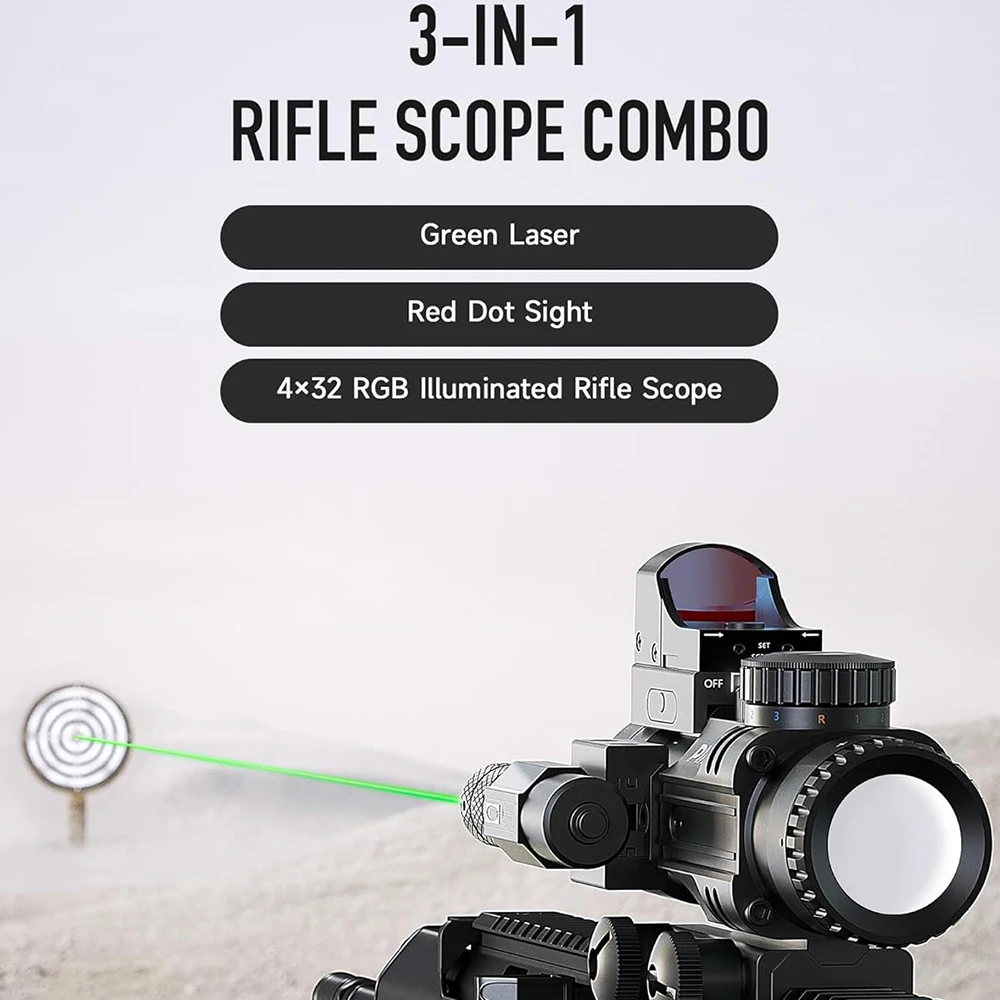 4X32 Prism Rifle Scope Combo with 3MOA Red Dot Sight and Green Laser RGB Illuminated Rangefinder Scope Combo for Airsoft Rifle