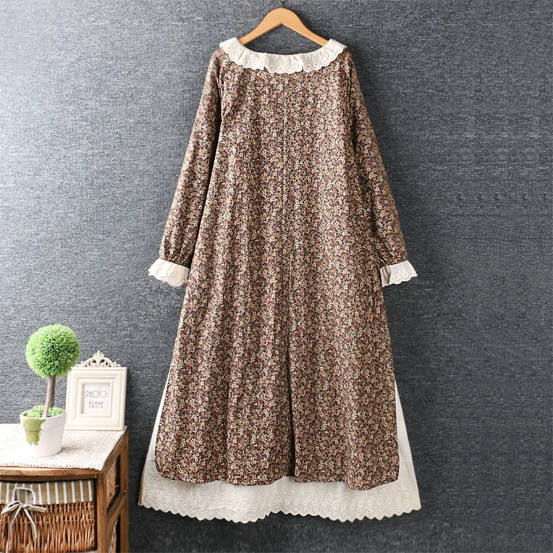 Vintage Japanese Style Lace Peter Pan Collar Long Sleeve Rustic Flowers Print Cotton Layers Dress 2023 Autumn