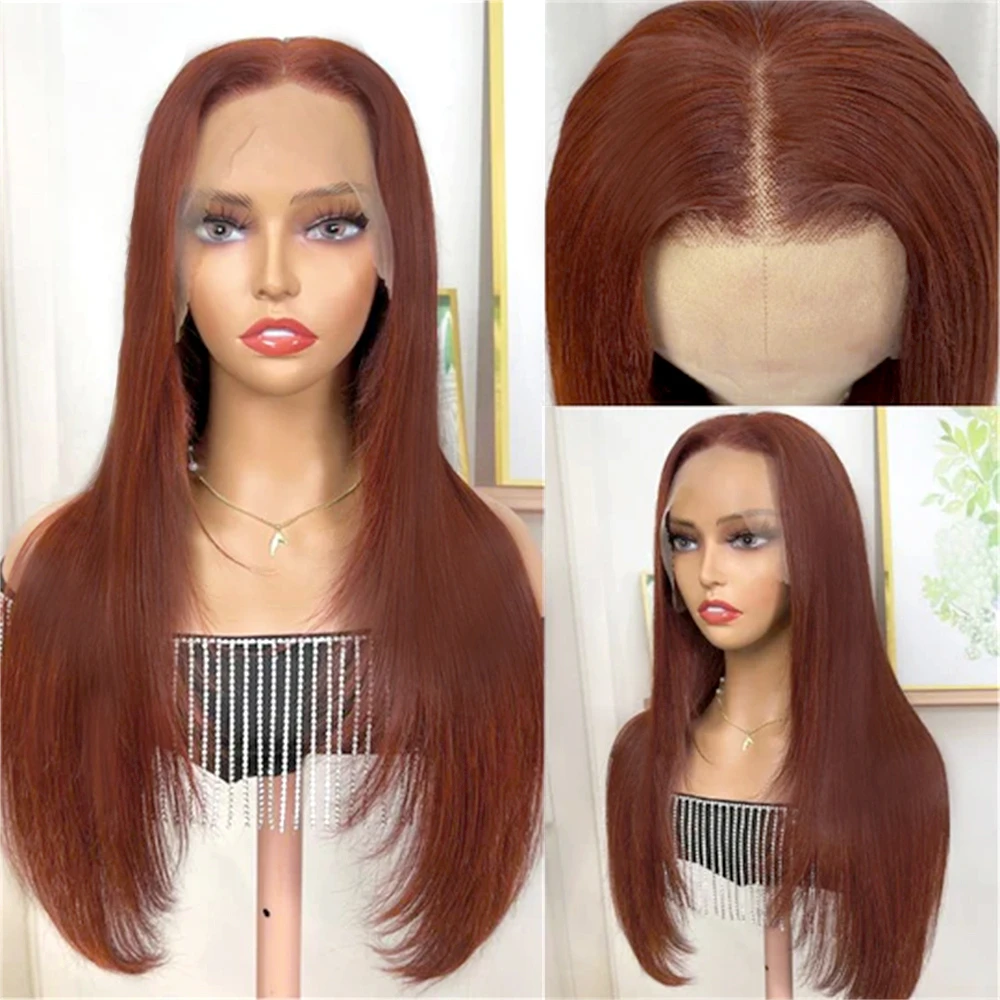 13X6 Reddish Brown Layered Wigs Copper Red Synthetic Straight Lace Front Wigs For Black Women Layered Cut Lace Wig Glueless Wig