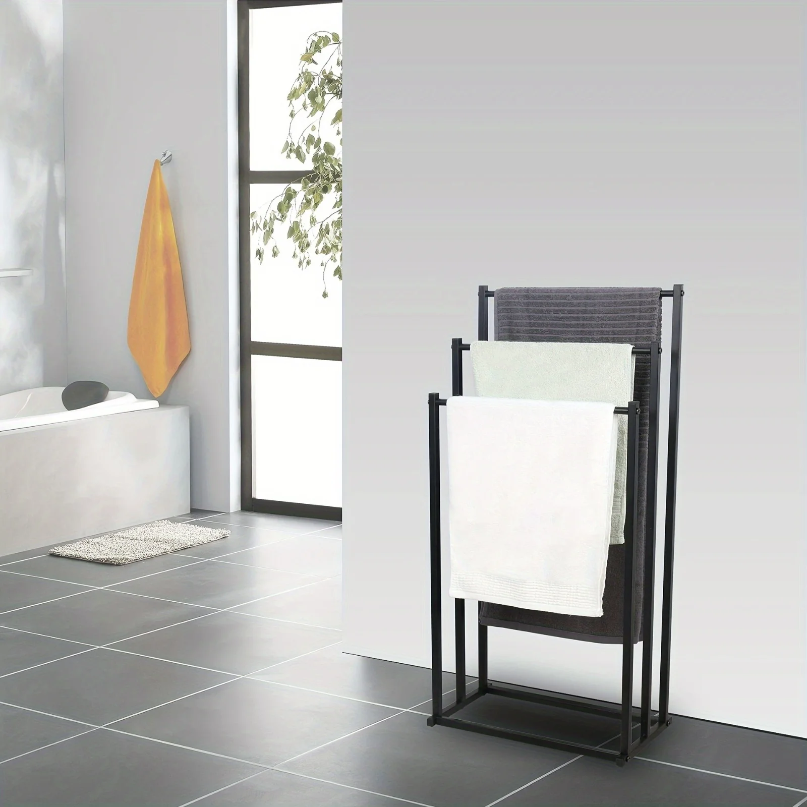 Modern Vertical Towel Rack - Durable Iron, Floor-Mounted Design with 3 Hooks, Ideal for Bathroom, Bedroom, Kitchen, Laundry Room