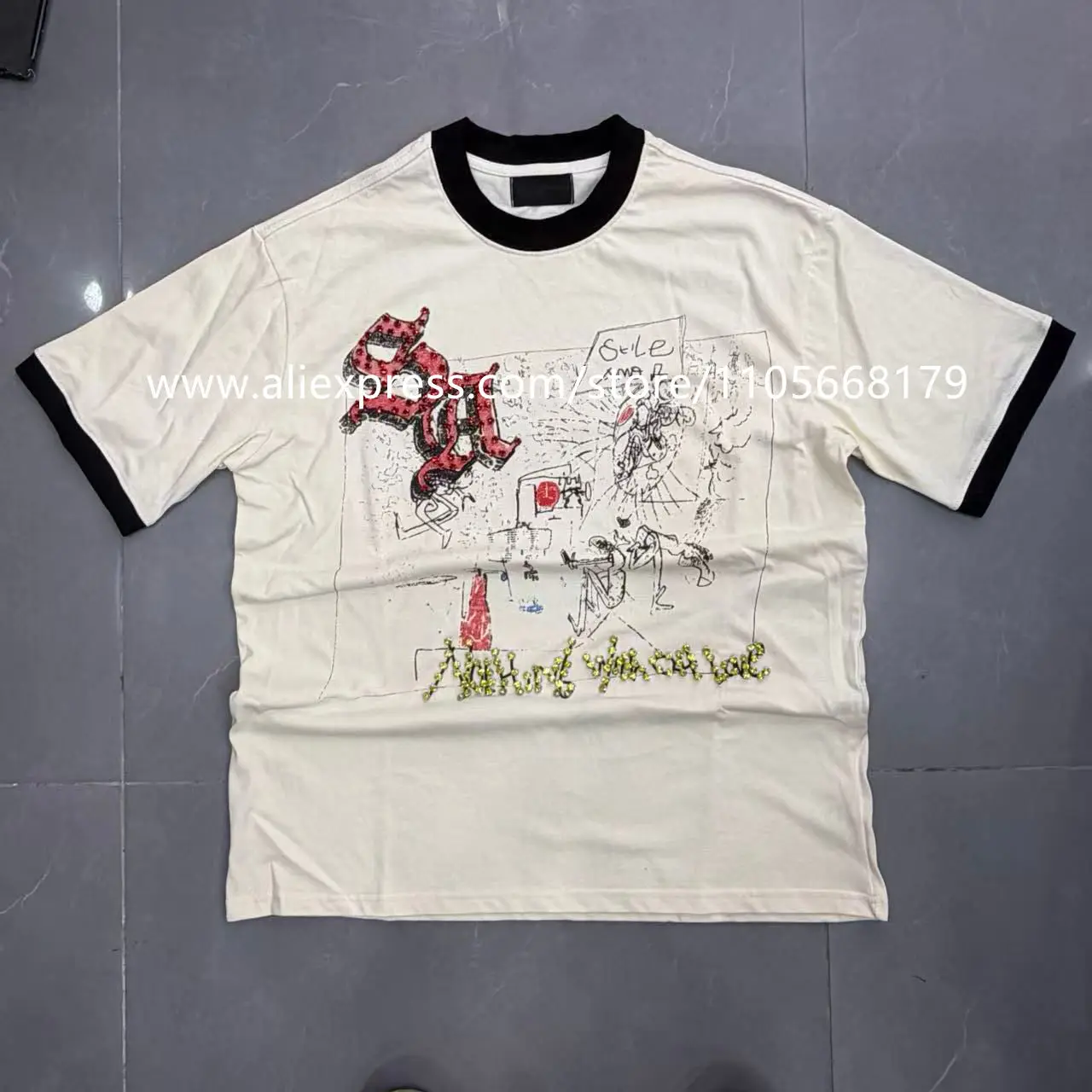 High-Quality Trendy Short-Sleeve T-Shirt with Rhinestone Embellishments, High-Definition White Ink Direct Print, Niche Fashion Versatile Casual High Street Style