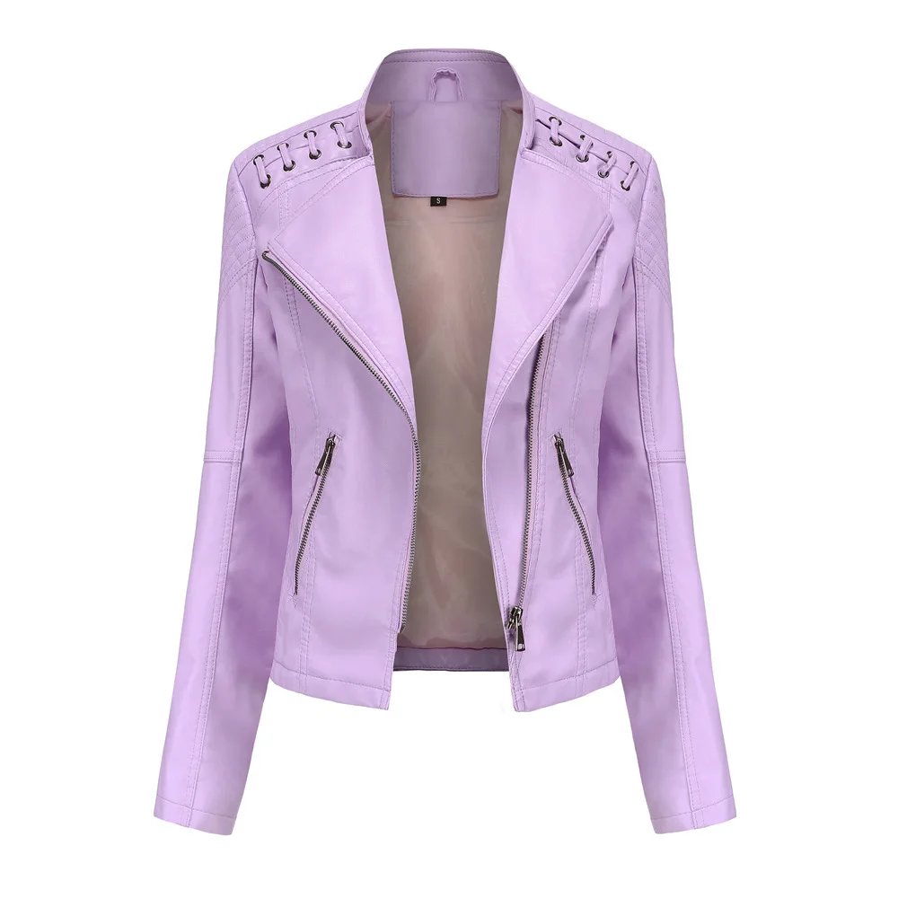 Chaqueta de PU con solapa para mujer, abrigo de cuero con cremallera, S-4XL, rojo, Morado, negro, prendas de vestir exteriores, azul, amarillo, 12 colores