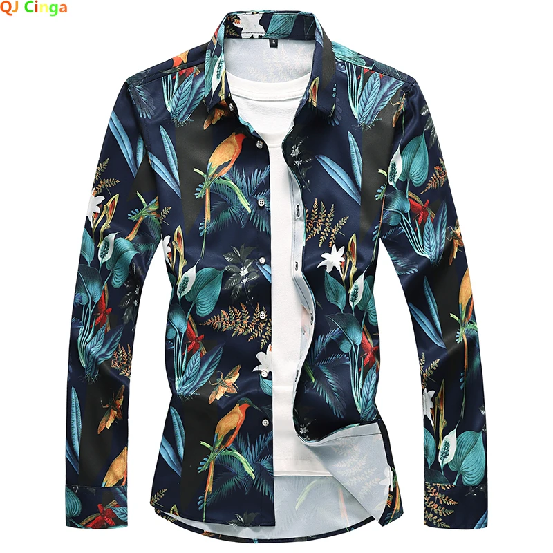 Small Stretch Long Sleeve Printed Shirts Men\'s Fashion Casual Flower Shirt Single Breasted Square Collar Tops Camisa Chemise 7XL