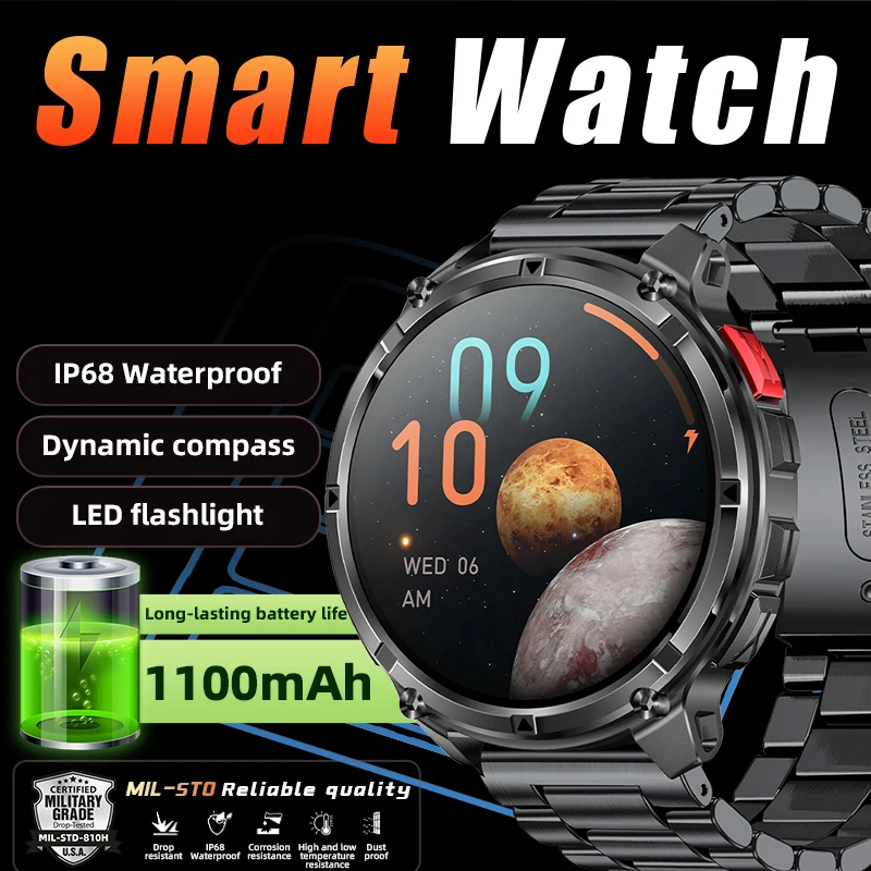 1.7inch HD Sceen 1100mAh Battery Smart Watch Compass IP68 Waterproof Sports tracker Outdoors Military Smartwatch LED Flashlight