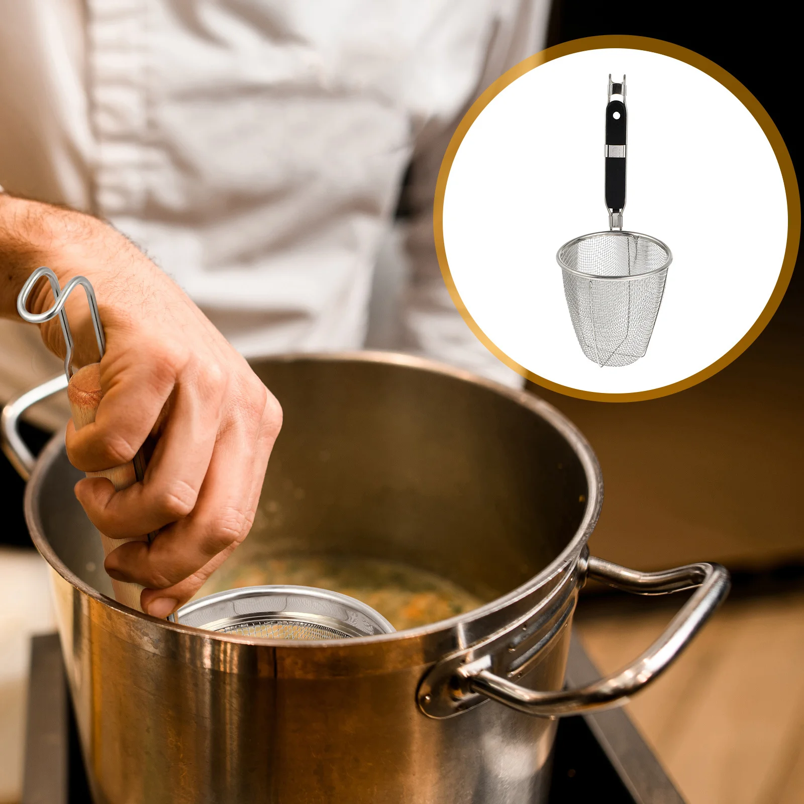 

Stainless Steel Noodle Strainer Basket Wire Mesh Kitchen Sieve Pasta Dumpling Colander Black Handle Fast Draining