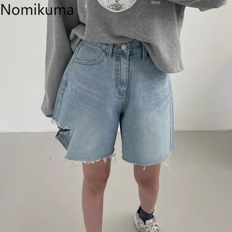 Streetwear denim shorts 2025 novos bottoms cintura alta casual buraco y2k calças de perna larga moda reta pantalones cortes de mujer