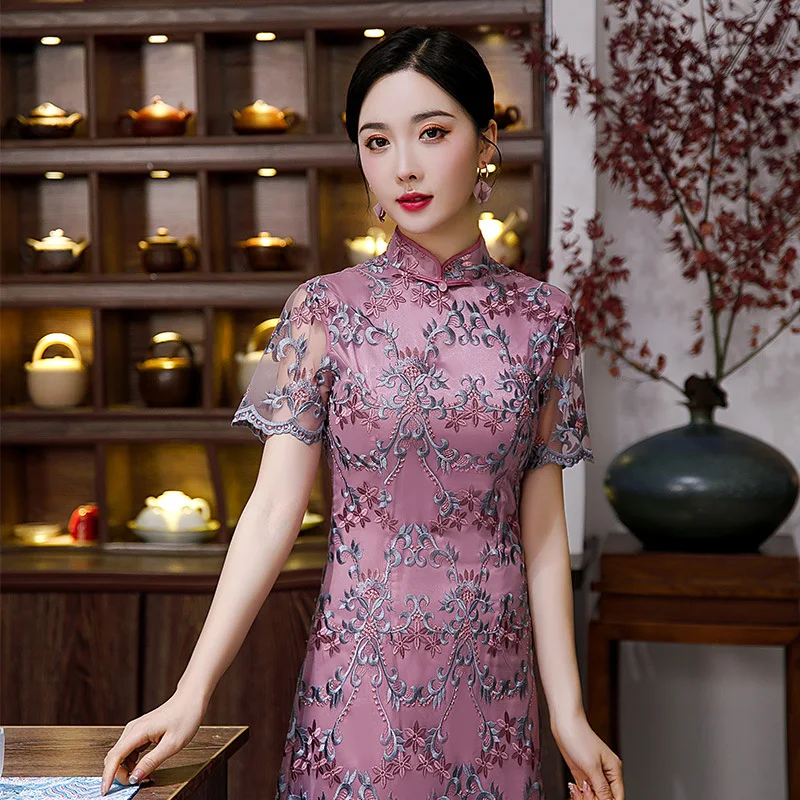 New Chinese Style Improved Qipao Mesh Embroidery Women's Cheongsam Elegant Purple Mid Length Dress Traditional Slim 3XL Vestidos