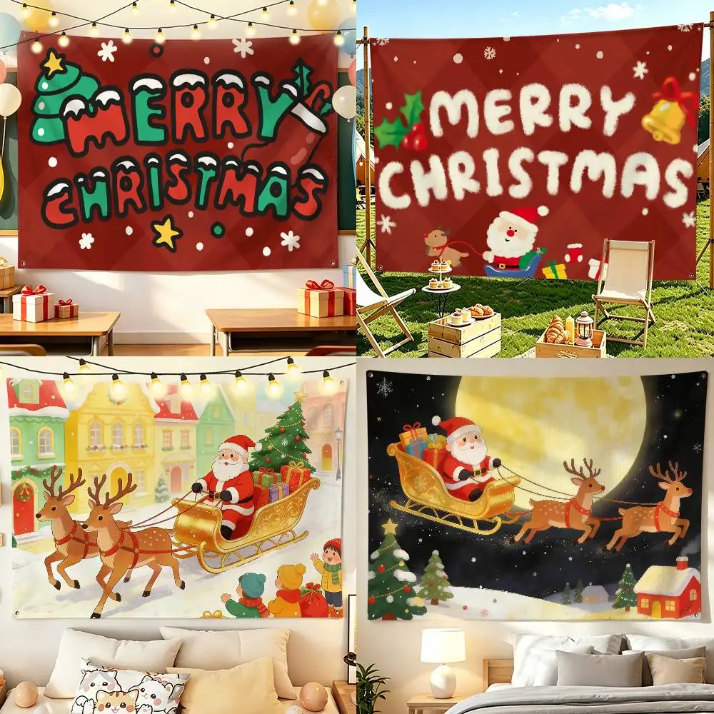 Merry Christmas Santa Claus Illustration Horizontal Flag Banner Wall Hanging Lightweight Fabric Background for Home Party Decor