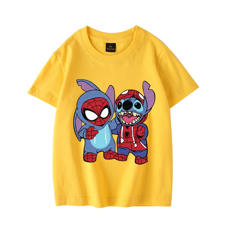 Camiseta de dibujos animados de Disney Stitch para niños, ropa cómoda y versátil de verano, 100% algodón, bonita e interesante, informal