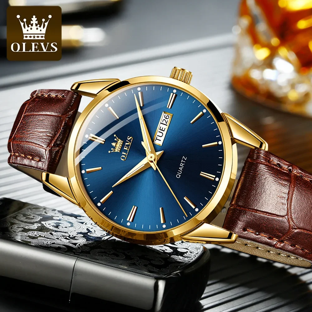 OLEVS 6898 Business Genuine Leather Strap Men Wristwatch Waterproof Quartz Dual Calendar Great Quality Watches for Men Calendar