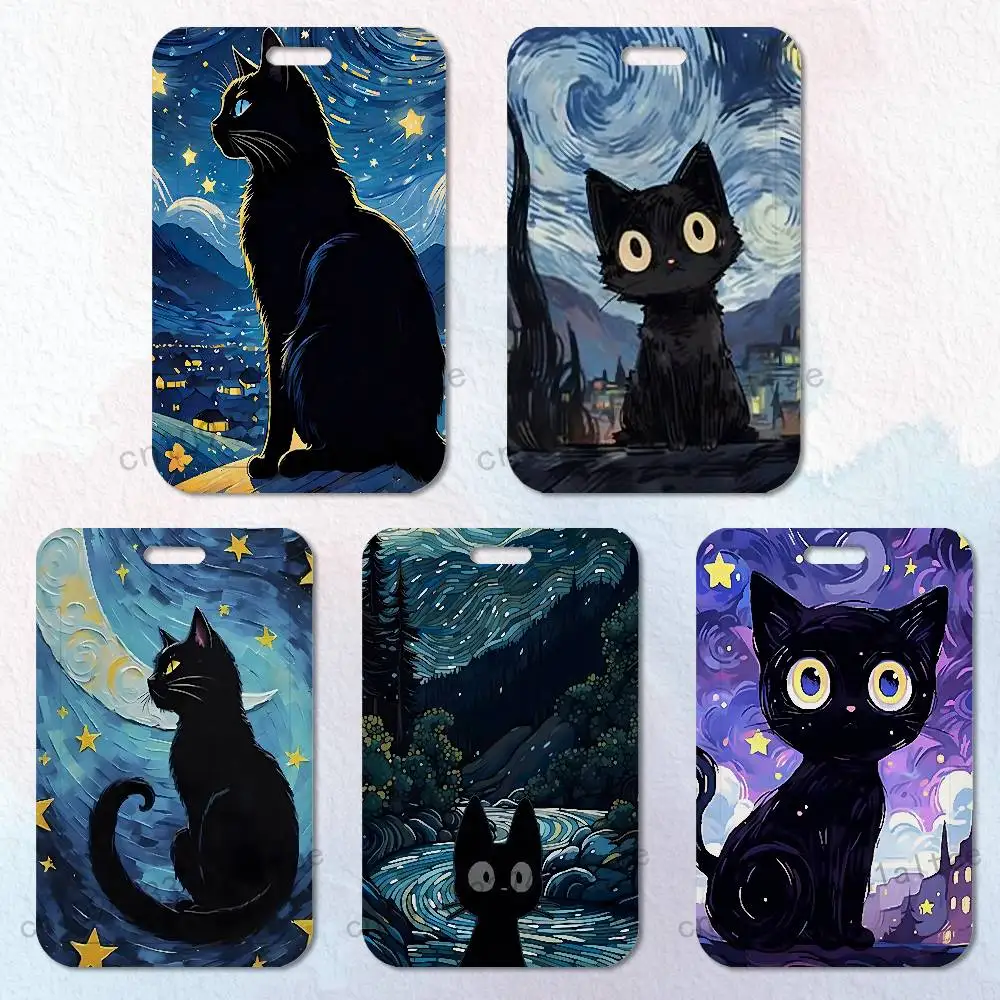 

Black cartoon cat Badge Holder Pass Bus Work Card Cover Chest Pocket Students Gift ID Card Holder