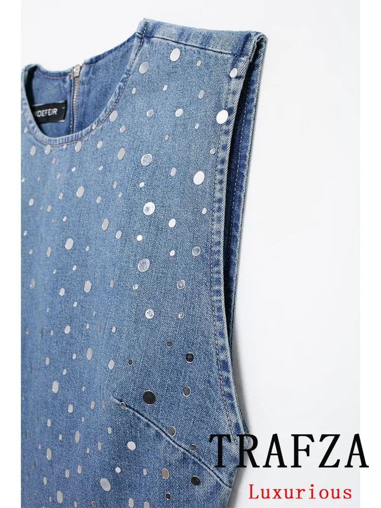 TRAFZA Vintage Casual Chic Women Denim Dress O-Neck Sequined Sleeveless Straight Mini Dress New Fashion 2024 Autumn Female Dress