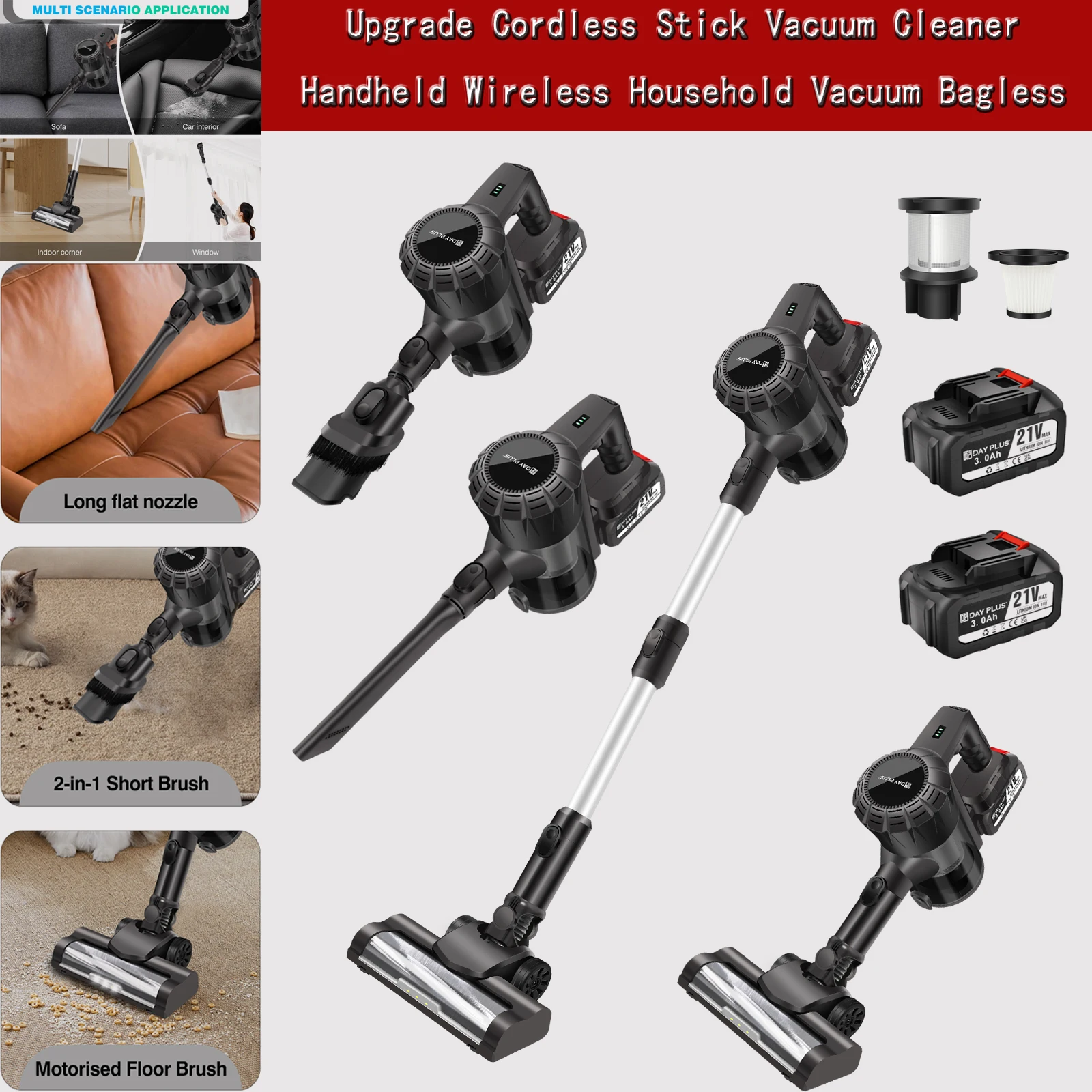 Upgrade Cordless Stick Vacuum Cleaner Handheld Wireless Household Vacuum Bagless， 2x 3.0Ah Rechargeable Lithium-Ion
