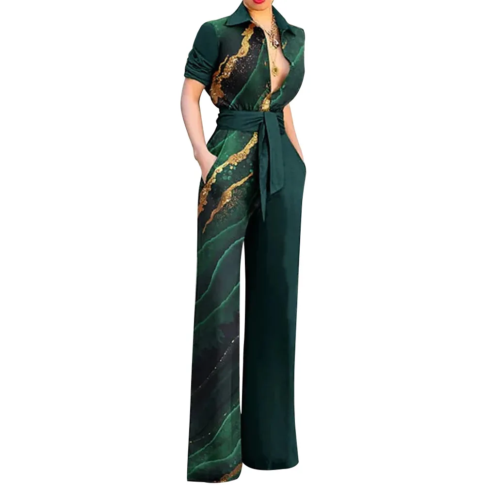 Print Wide Leg Straight Pants One Piece 2023 Woman Long Jumpsuits Elegant New Casual Overalls Turn Down Collar Lace Up Rompers