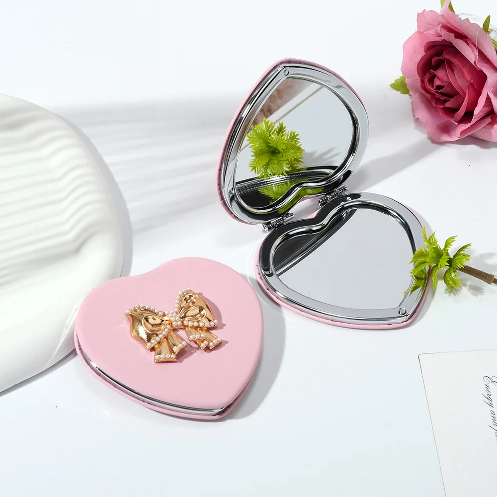 1PC Double Sided Makeup Mirror Love with Bow Tie Simple Style Design Metal Desktop Mirror Practical and Convenient