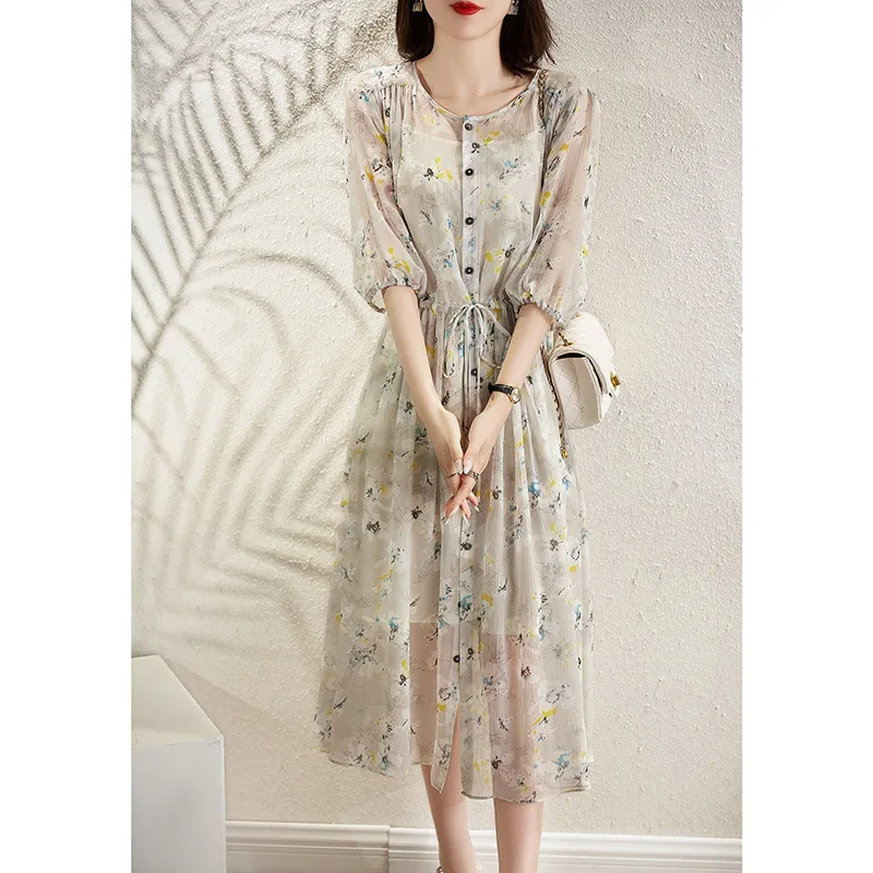 Vestido longo floral fragmentado, vestido francês de manga curta, novo vestido de verão de comprimento médio com duas camadas