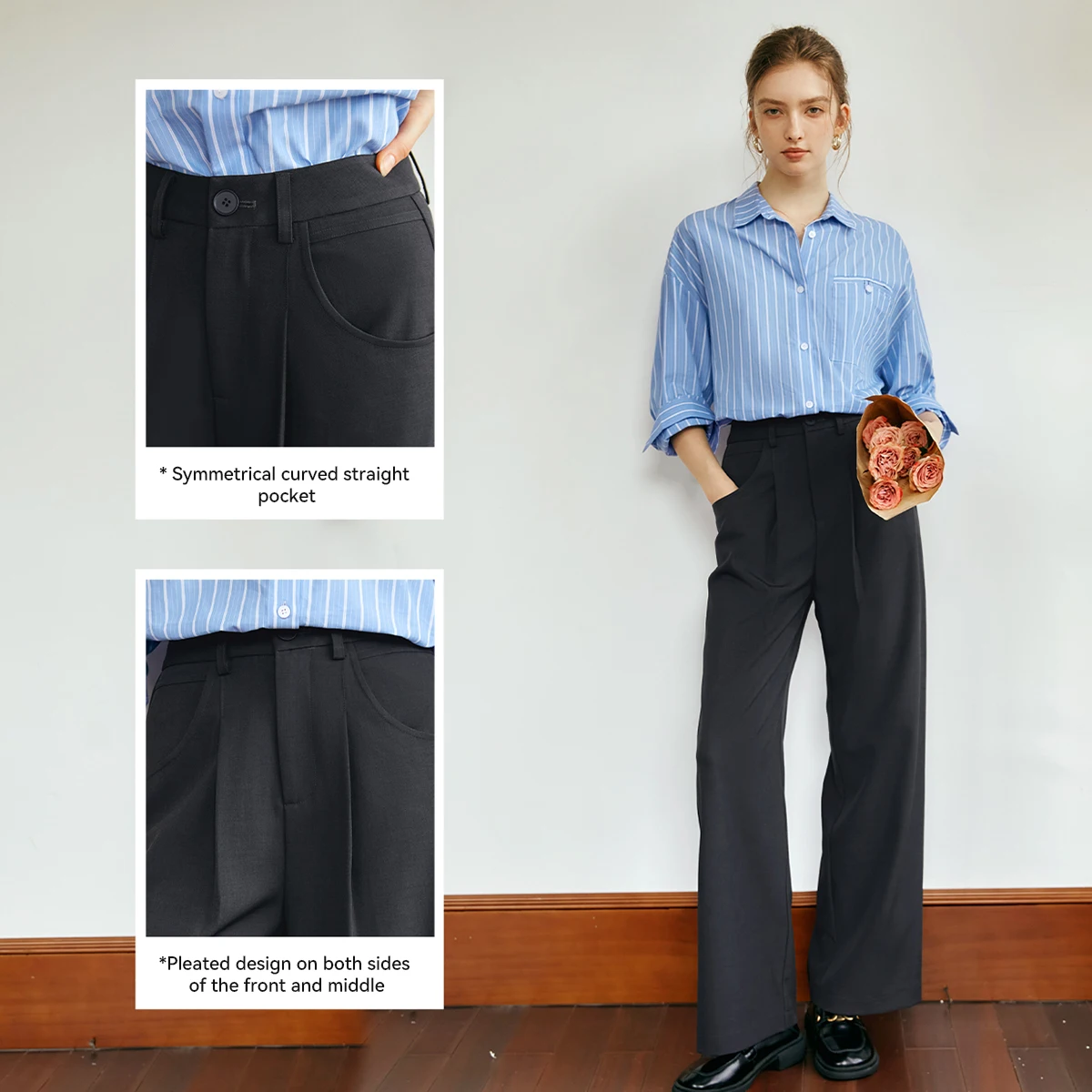 OLrain Gray Dress Pants Women 2025 Autumn Office Lady New High Waist Commuter Loose Straight Wide Leg Woman Trousers M56QK93365