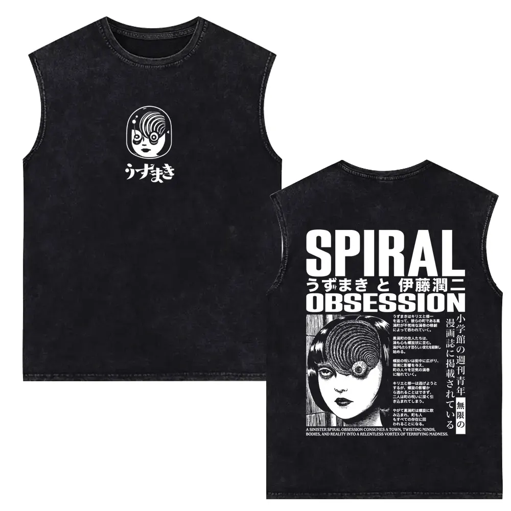 Anime Tomie Junji Ito Spirale Uzumaki Kirie Goshima Vintage Washed Tank Tops Men Women Manga Horror Y2k Sleeveless Vest T-shirt