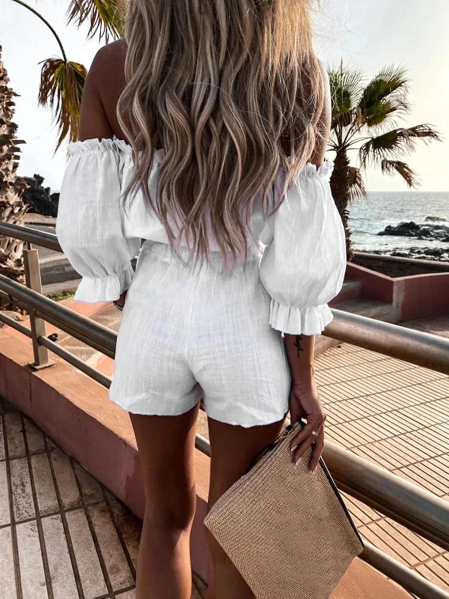 wsevypo Two-Pieces Top and Shorts Suits Summer Beach Suits Women Casual Off-Shoulder Short Sleeve Crops Tops High Waist Shorts