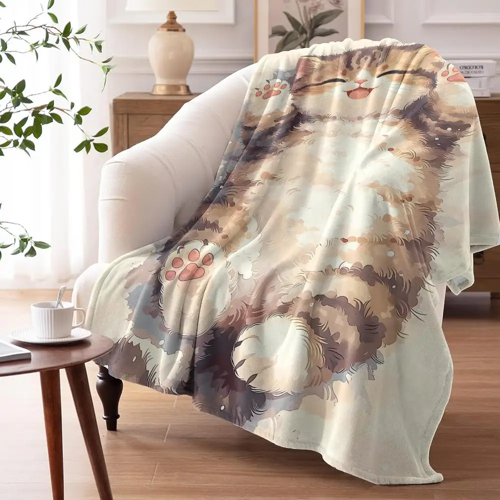 Cute Kitten Lying Throw Soft Flannel Throw Summer AC Blanket Lightweight Cool Nap Blanket for Sofa Bed Couch Travel