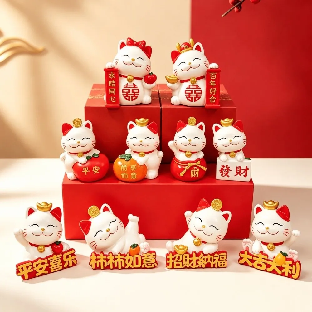 Resin Lucky Cat Figurines Cartoon Chinese Style Fortune Cat Car Interior Ornament Beckoning Fortune Cat Figurines Durable