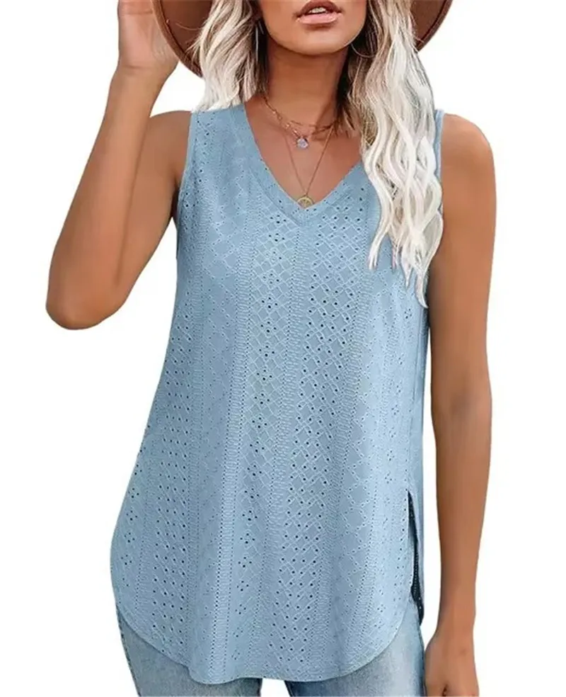 Women's Shirts Summer Tops V-neck Vest Sleeveless Eyelet Jacquard Tops Casual Vest Side Split T-shirts For Women Knitted Blouses