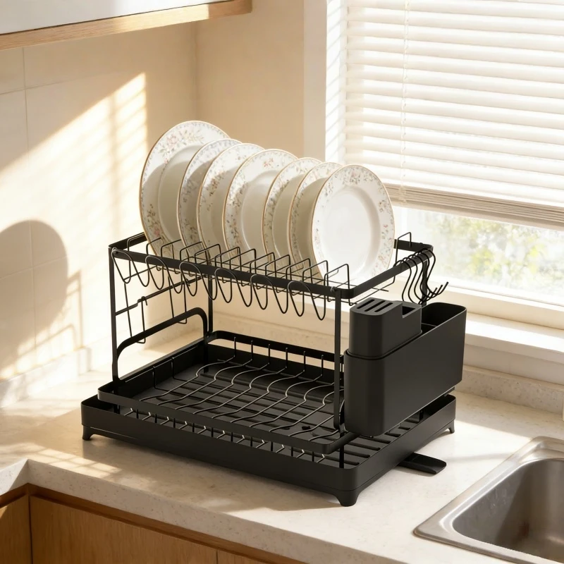 2 niveles 360 °   Escurridor Giratorio para Platos con Bandeja de Drenaje y Soporte para Utensilios, Organizador de Cocina Metálico sin Perforaciones