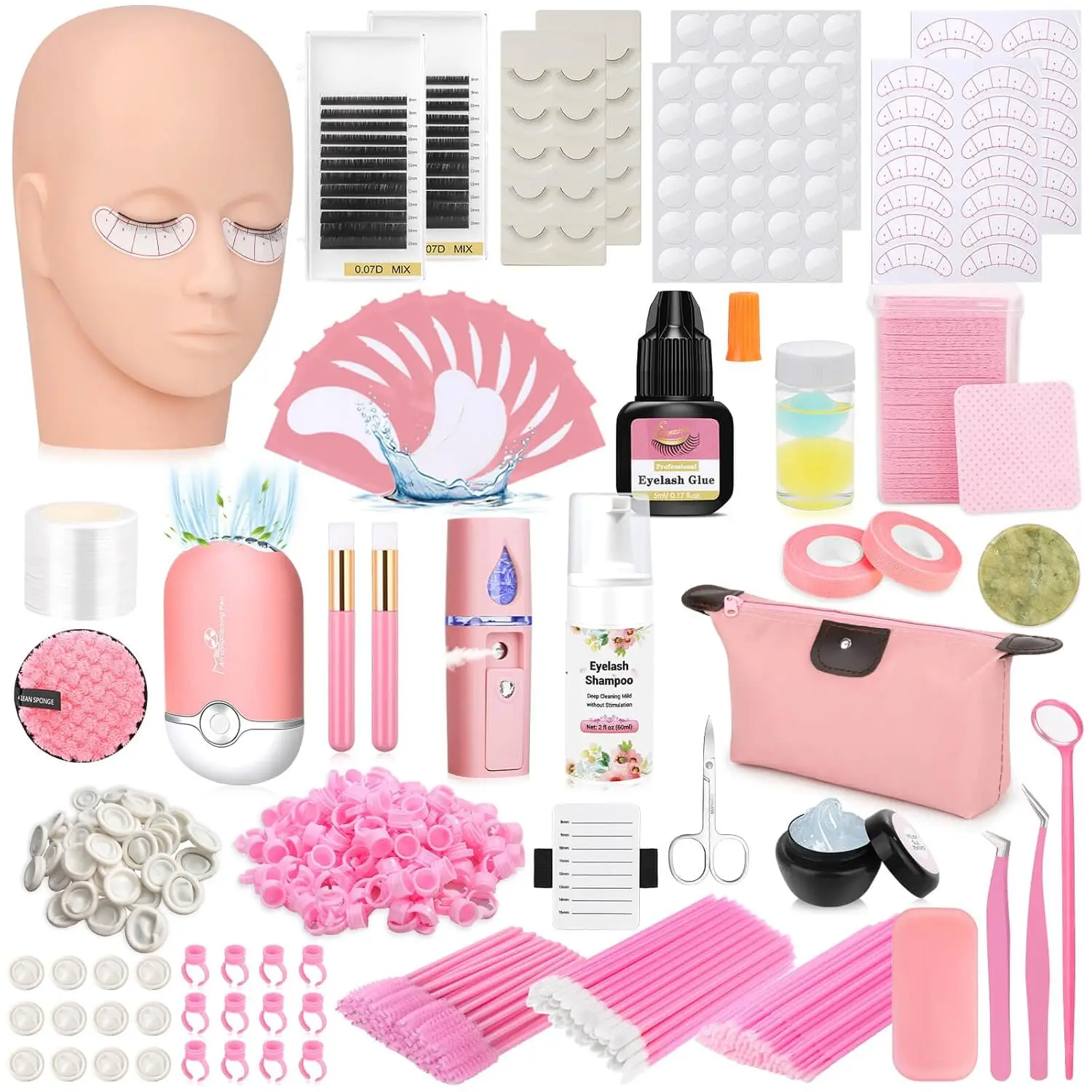 

Complete Eyelash Extension Kit for Beginners with Mannequin Head, USB Fan, Glue, and Shampoo - Everything Included