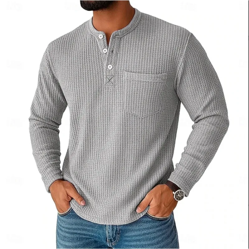 Autumn Long Sleeve Collar Button Down Men's Casual Tops Solid Color Half Open Collar Henley