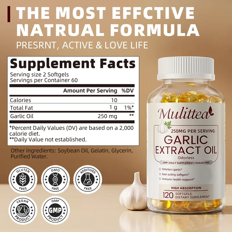 Mulittea 250MG Garlic Extract Capsules Heart and Immune Health Support Defends Against Seasonal illnesses Vegan Gluten Free