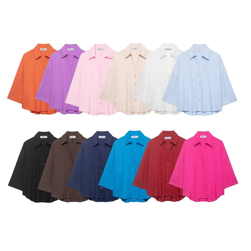 Spring 2026 Women's Fashion Casual Loose Solid Color Collar Shirt Short Sleeved Versatile And Stylish